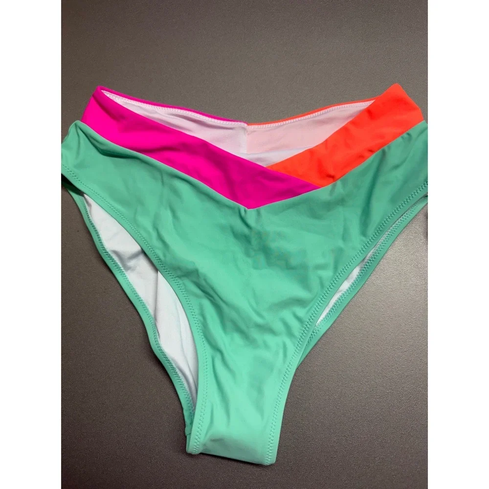 Popvil Neon Color Block High Waisted Bikini‎ Set Pink Orange Mint Green Medium